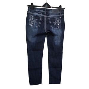 Zanadi Jeans Blue Denim Embellished Fleur de Lis Pockets Size 9 hippy bo ho